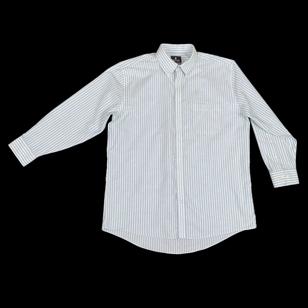 Stafford Shirt Mens 17 32/33‎ Blue Stripe Travel Wrinkle Free Oxford Long Sleeve